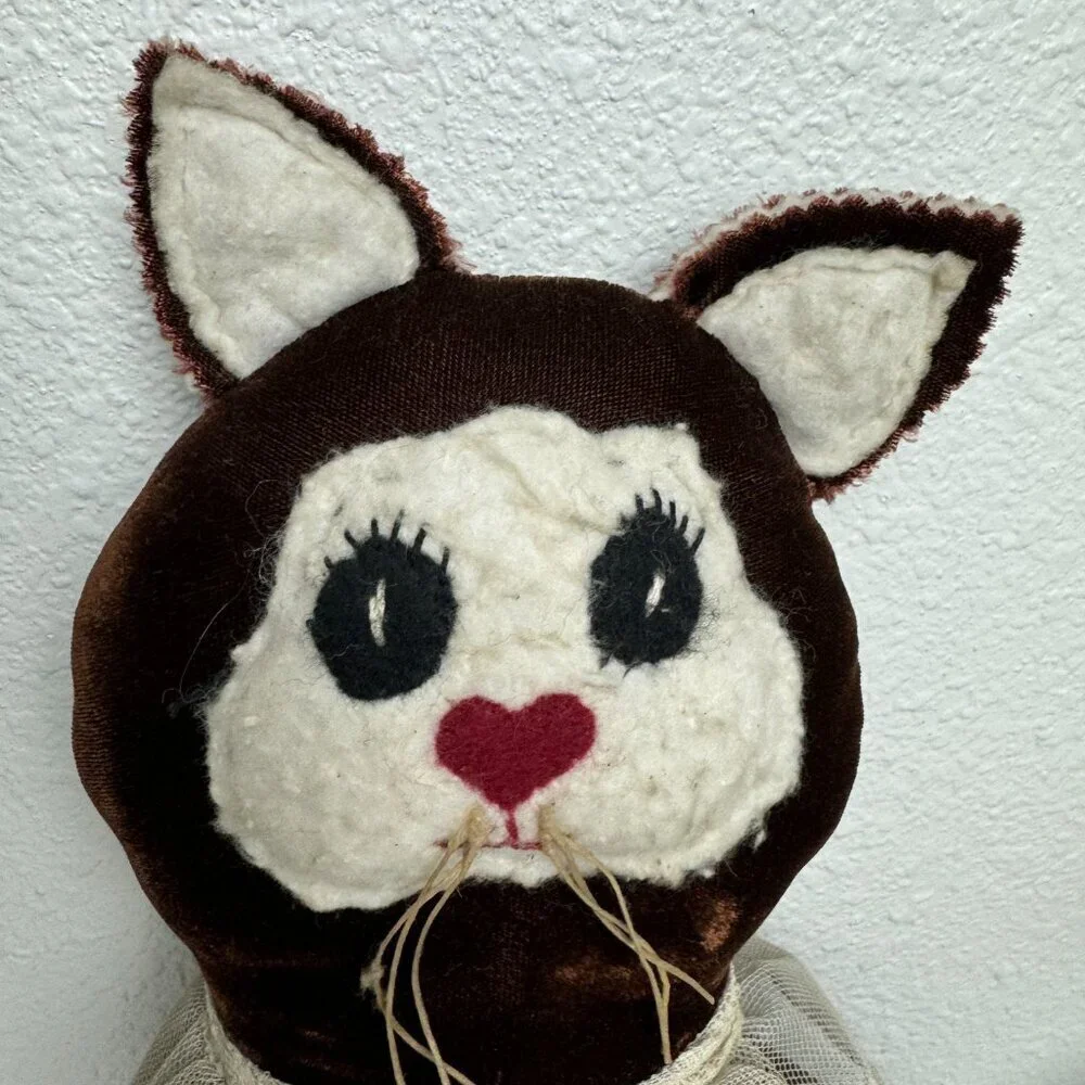 Vintage Hand Crafted Fabric Decorative Farmhouse Cottage Cat Folk Art Velvet